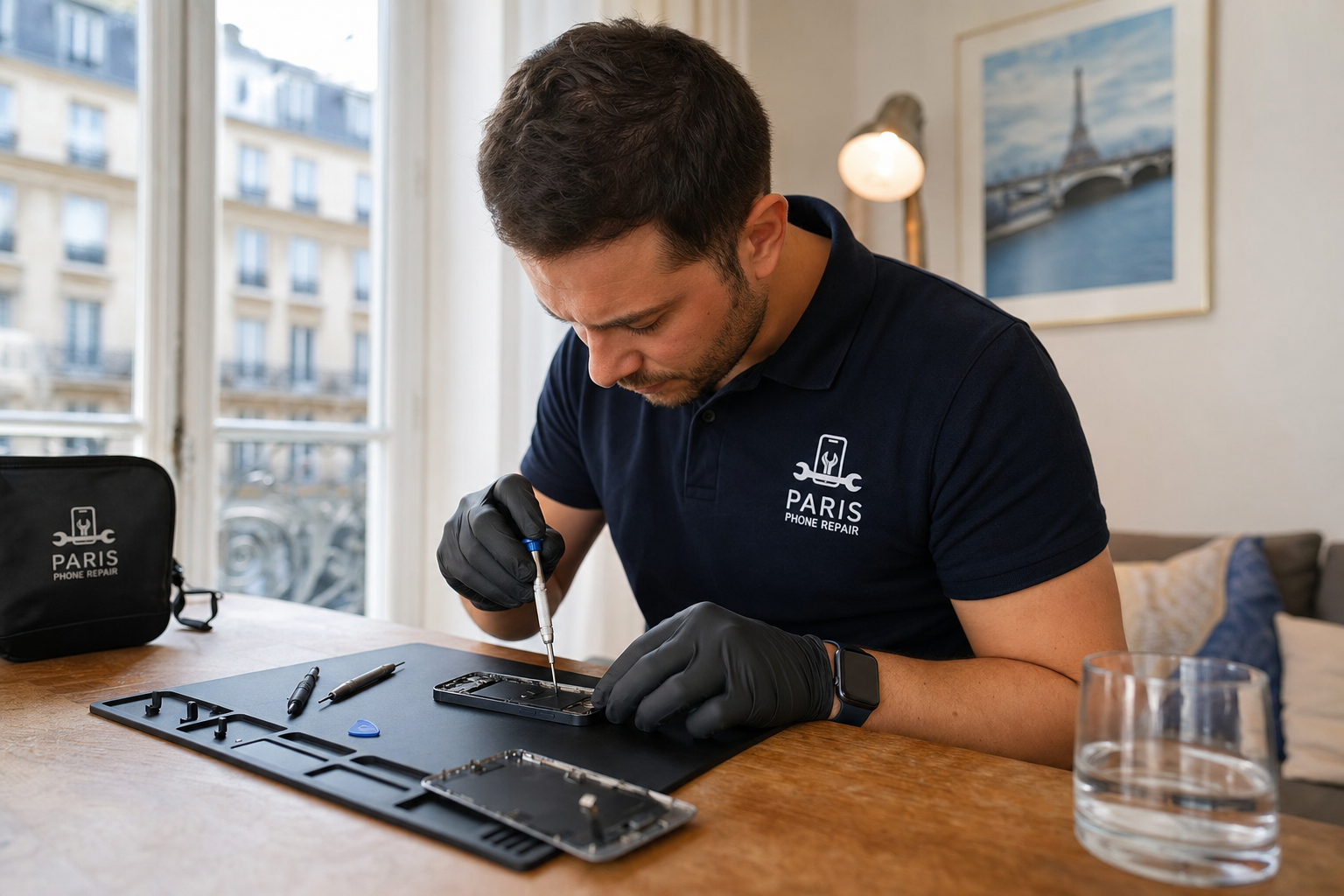 Technicien remplaçant un écran de smartphone à domicile à Paris