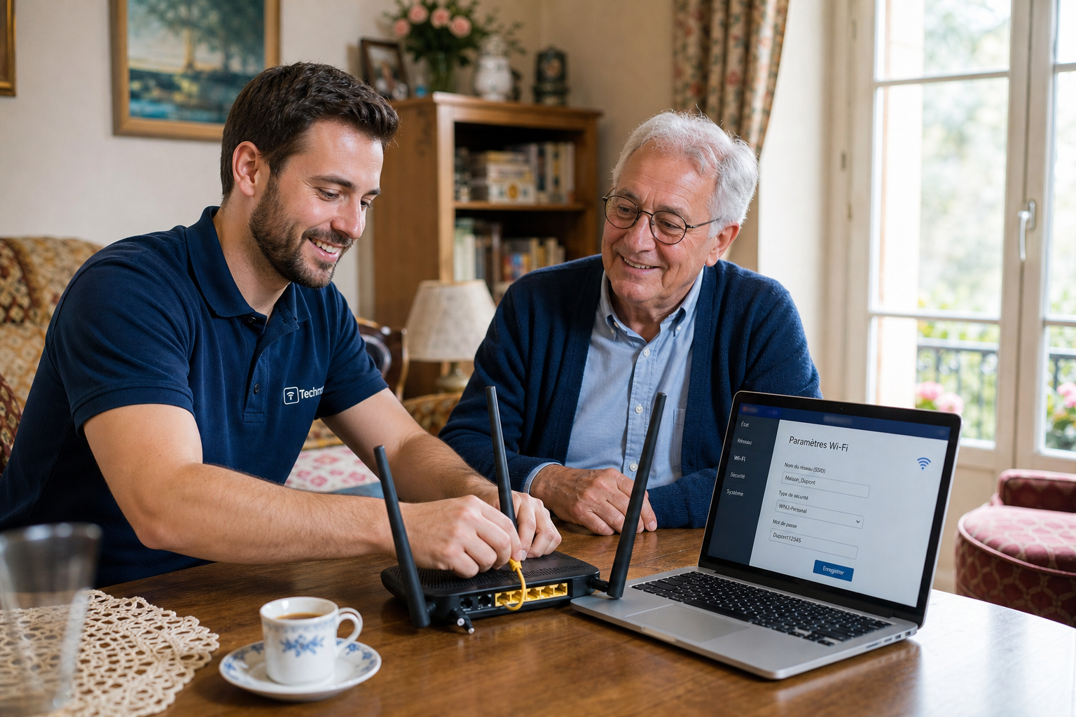 Technicien configurant le WiFi chez un client senior