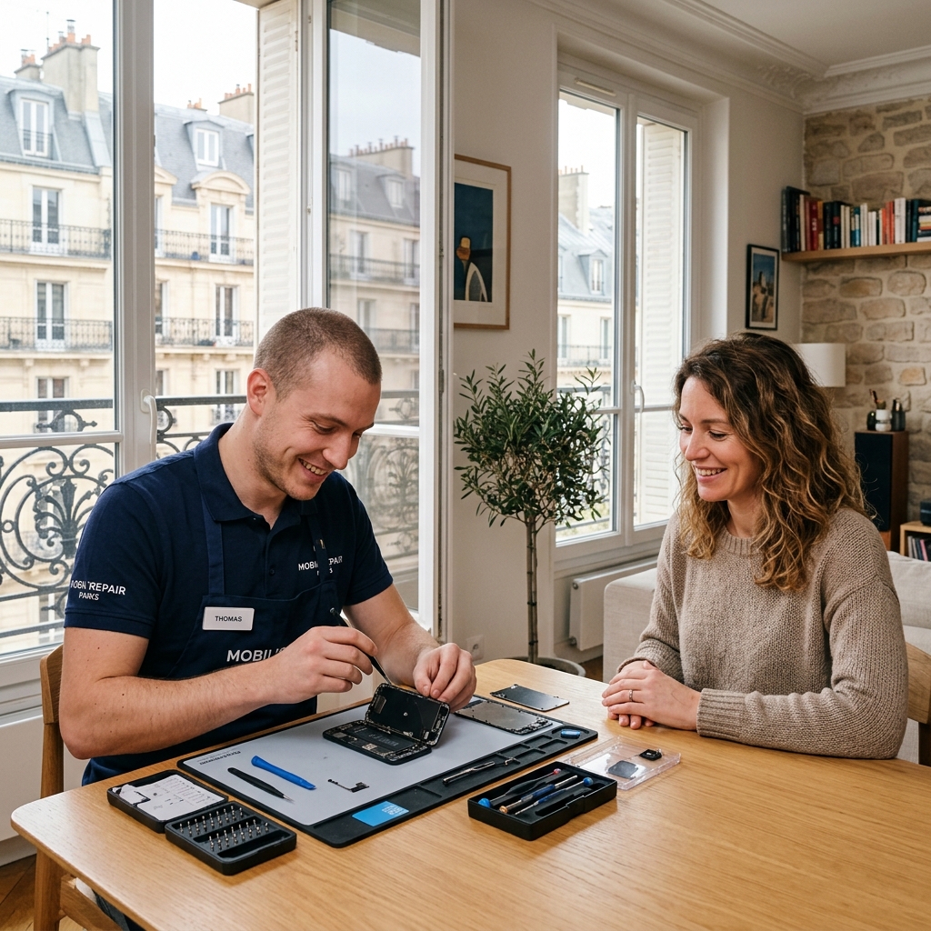 Technicien réparant un smartphone à domicile à Paris